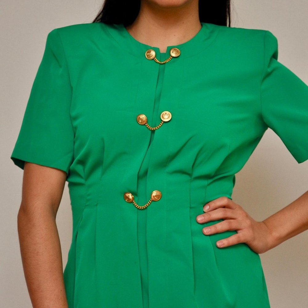 Vintage 1980s Green Military Style Bodycon Dress with Gold Buttons, Size 8 - Picture 3 of 10